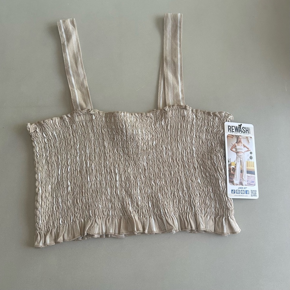 Rewash Smocked Stretch Beige Striped Crop Top, Size L - Picture 5 of 10